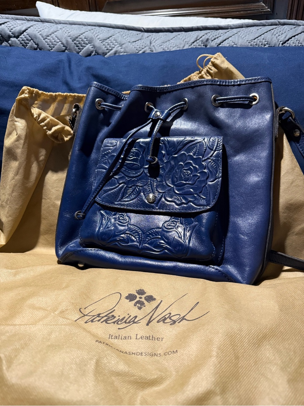 Patricia Nash Navy Embossed Floral Leather Drawstring Bucket Bag